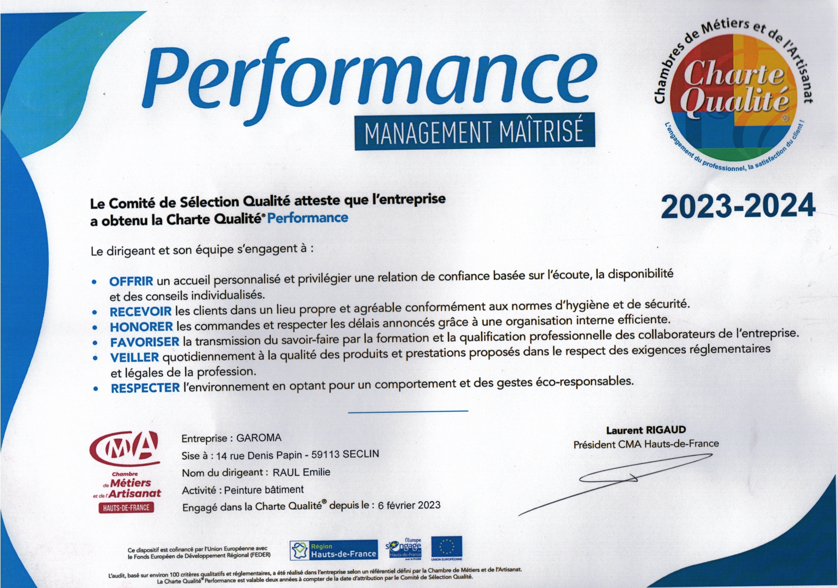 Charte qualité Chambre des métiers - Performance pour Garoma